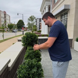 a man working with bushes