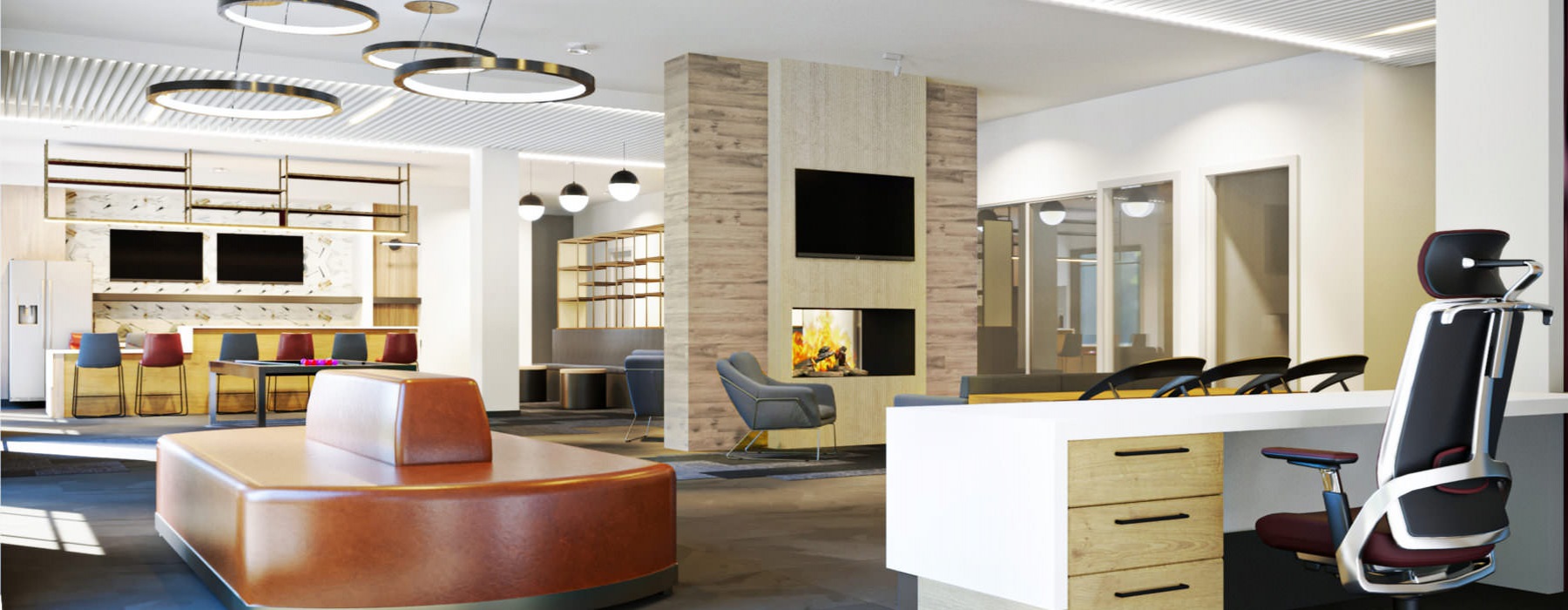 naturally lit amenity space in lobby with double sided fireplace