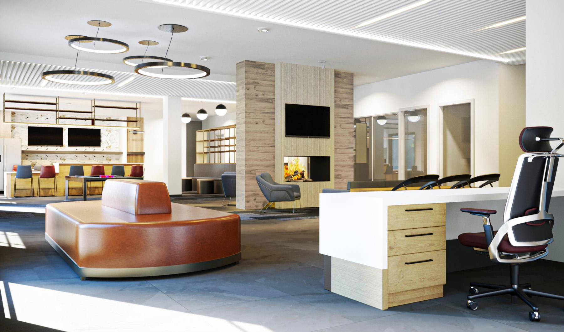 Campus Town's Newest Student Complex naturally lit amenity space in lobby with double sided fireplace